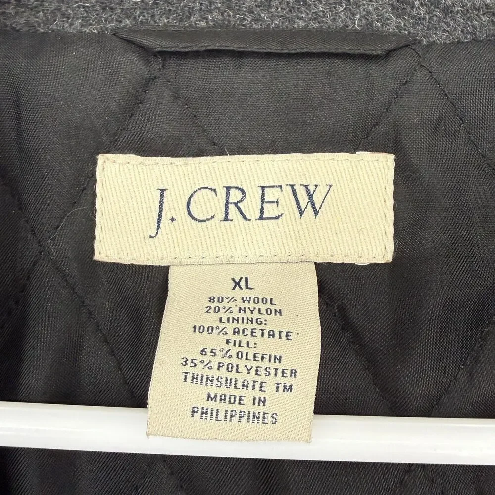 J Crew Overcoat Jacket Wool Blend HEAVY Quilted Lined Gray Long Preppy Size XL